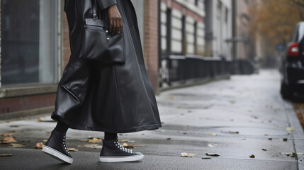 Naklejka premium A sleek and modern oversized leather coat paired with a slip dress and sneakers for an unexpected and stylish combination.