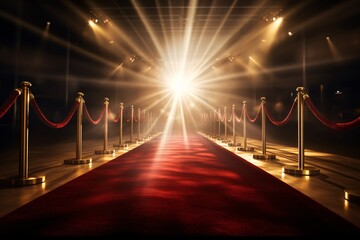 a red carpet with rope barriers and bright light - obrazy, fototapety, plakaty