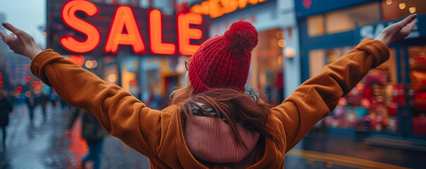 Excited young woman with arms raised in front of a store with a bright red SALE sign, depicting enthusiasm for shopping and discounts in a retail setting - obrazy, fototapety, plakaty