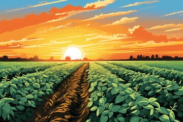 a field of green plants with a sunset in the background