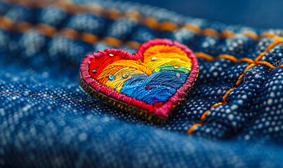 Obraz premium Rainbow colored heart pin on blue denim fabric, a subtle statement of LGBTQ+ pride and support, conveying a message of love and equality