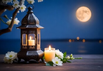 An ornate lantern with a lit candle on a wooden surface Ramadan background