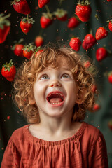 A child girl with a dreamy expression looks up at a shower of strawberries, loves fruits - 747227518