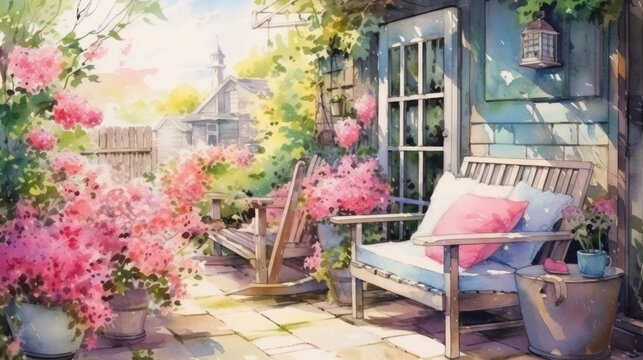 Watercolor depiction, country garden by old charm cottage with clusters of pink flowers and rich foliage, framing pair of deck chairs as invitation to viewer to pause and appreciate simple pleasures.
