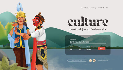 Landing Page tourism event layout with indonesian culture Lengger dance illustration