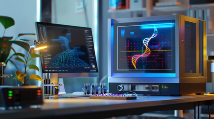 A DNA sequencing machine in action with quantum computing graphics and data visualization on the computer screen.