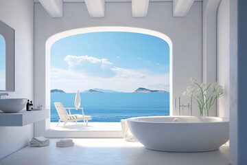 a bathroom with a tub and a view of the ocean