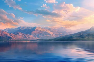 Fototapeta na wymiar Landscape featuring a tranquil lake nestled among majestic mountains.
