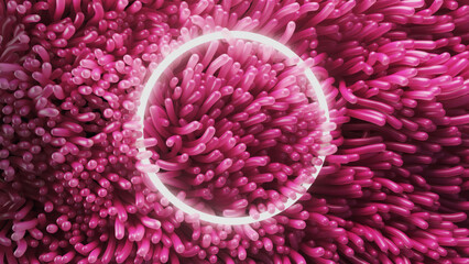 3d render of pink anemone algae swaying underwater with neon circle