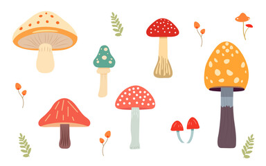 Set vector mushroom cartoon freehand drawing. 