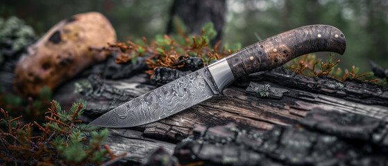 An exquisitely crafted hunting knife with a Damascus steel blade and a beautifully patterned wooden handle set against a natural backdrop