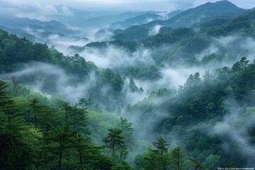 Mountain Blanketed in Fog and Trees
