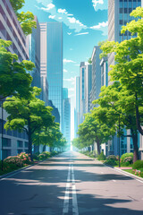An image of a sunny city road with buildings and trees.