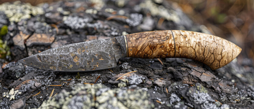 The image highlights a hand-forged knife on a wood background, evoking a feeling of craft and survival