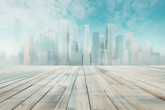 An image of a big city with modern buildings across a wooden floor.