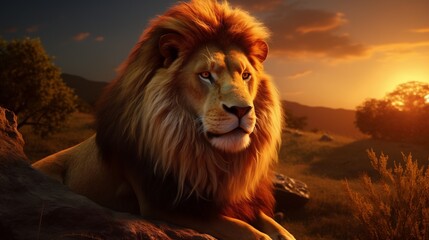 A majestic lion, its mane flowing in the breeze, exudes regal power as it stands in its natural habitat. 