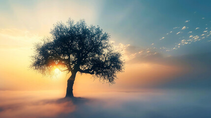 Lonely tree with fog at sunrise.