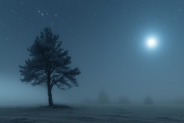 Moonlit Tree in Foggy Field