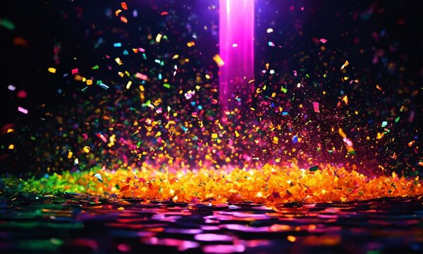 A vibrant neon glitter explosion with floating con