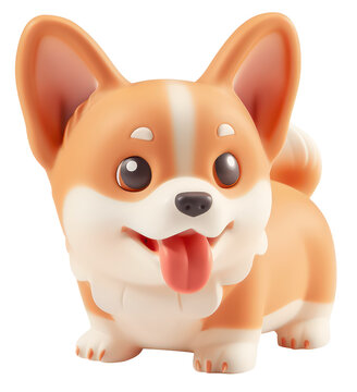 Corgi puppy 3d illustration. Minimal style. 3d render of cute cartoon corgi dog toy isolated on transparent background