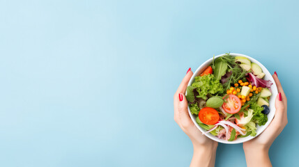 Woman hold salad bowl . World health day , Dieting , Heathy Food .