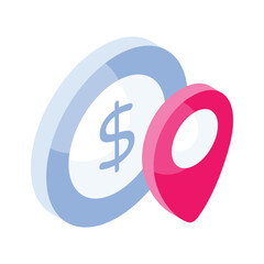 Dollar coin with placeholder showing concept icon of business location, bank location vector design