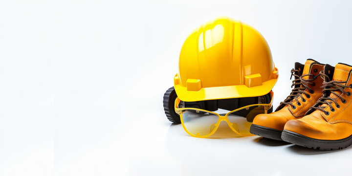 National safety month at work, Labour day with safety yellow hat and shoes - Powered by Adobe