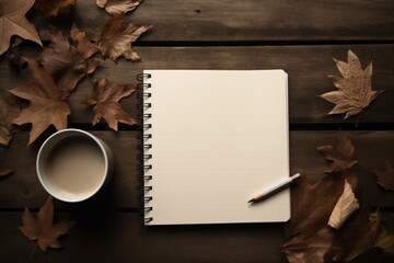 a notebook and a cup of coffee on a table with leaves