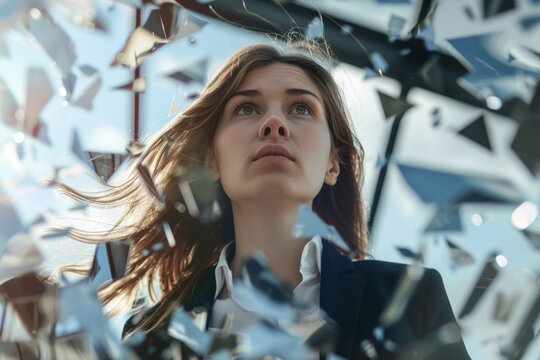 Woman Breaking Through Glass Ceiling. Generative AI