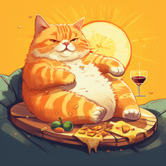 An orange cat lounging with a slice of pizza in the style of catroon created with Generative Ai