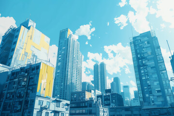 A city scene with tall buildings in the background.