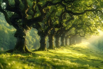 Row of Trees in Green Field - obrazy, fototapety, plakaty