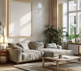 Frame Mockup in Living Room Interior, Presented in 3D Render. Made with Generative AI Technology
