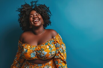 Empowering Portrayal: Full-Body Photo of a Joyful and Plus-Size African-American Woman - Radiating Confidence and Self-Love