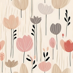 Watercolor seamless floral pattern. Biege, light pink and grey flowers on a white background. Minimal spring and women's day design.  