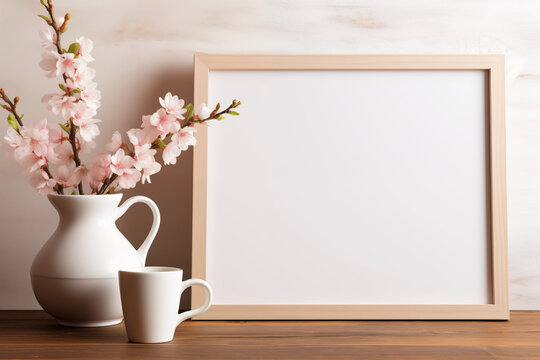Blank picture frame mockup. Spring tulips, Happy Easter background. Mother's Day. International Women's Day card.