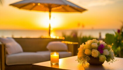 Beautiful romantic seaside restaurant terrace at sunset (blurred and easy to use background...