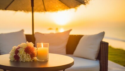 Beautiful romantic seaside restaurant terrace at sunset (blurred and easy to use background...