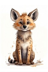 Cute and meticulously illustrated, this watercolor artwork showcases a delightful fennec fox with large ears, innocent eyes, and a gentle stance