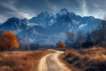 Dirt Road Leading to Mountain Range - Powered by Adobe