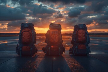 Two Large Backpacks Resting on Airport Tarmac - obrazy, fototapety, plakaty
