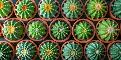 Green cactus plant pots arranged neatly in a vibrant setting. Concept Cactus Plants, Vibrant Setting, Green Pots, Neat Arrangement