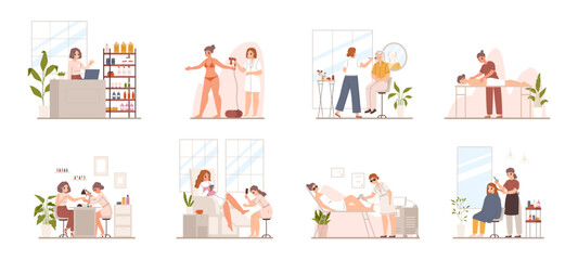 Spa salon procedures. Beauty and wellness procedures, professionals working with clients. Administrator, hairdresser and massage. Snugly vector scenes