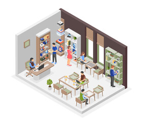Fototapeta premium School or university isometric library. Students learning and reading books. Bookshelves, desk and chairs. Bookstore interior, flawless education vector scene