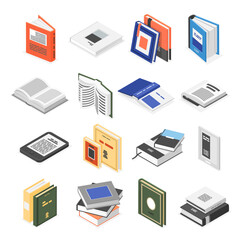 Isometric books set. Book icon 3d, notebooks and textbook. Symbols for school, university, college. Bookstore or library elements, flawless vector clipart