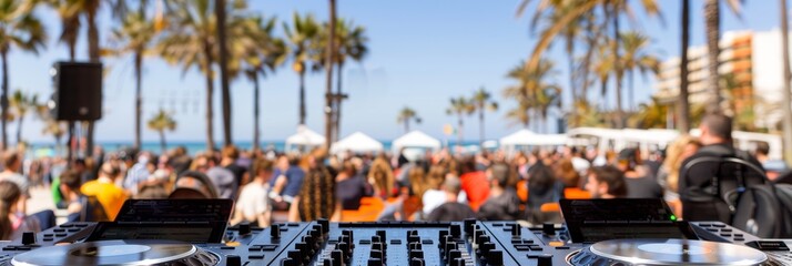 Beach party festival with dj mixing, outdoor crowd, blurred background, and space for text placement - obrazy, fototapety, plakaty