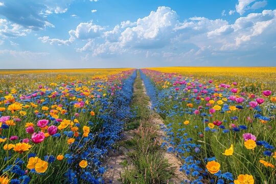 Colorful Flowers in a Field Under Blue Sky