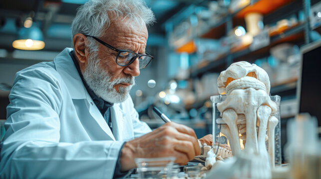 Medical technology: prosthetic technician holding a prosthetic part and checking the quality of the prosthetic leg and making adjustments while working in a modern laboratory
