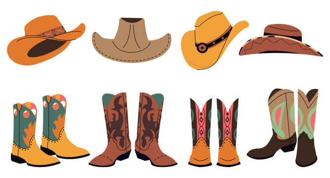 Cowboy hats and boots. Isolated boot, cowgirl fashion decorative accessories and shoes. Wild west elements design, cartoon decent vector set