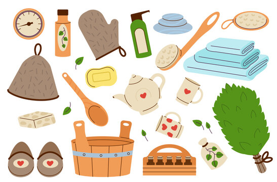 Sauna elements. Spa wellness tools and equipment. Felt hat for hairs protection, towels and tea set. Soap and lotion, body brush, decent vector clipart